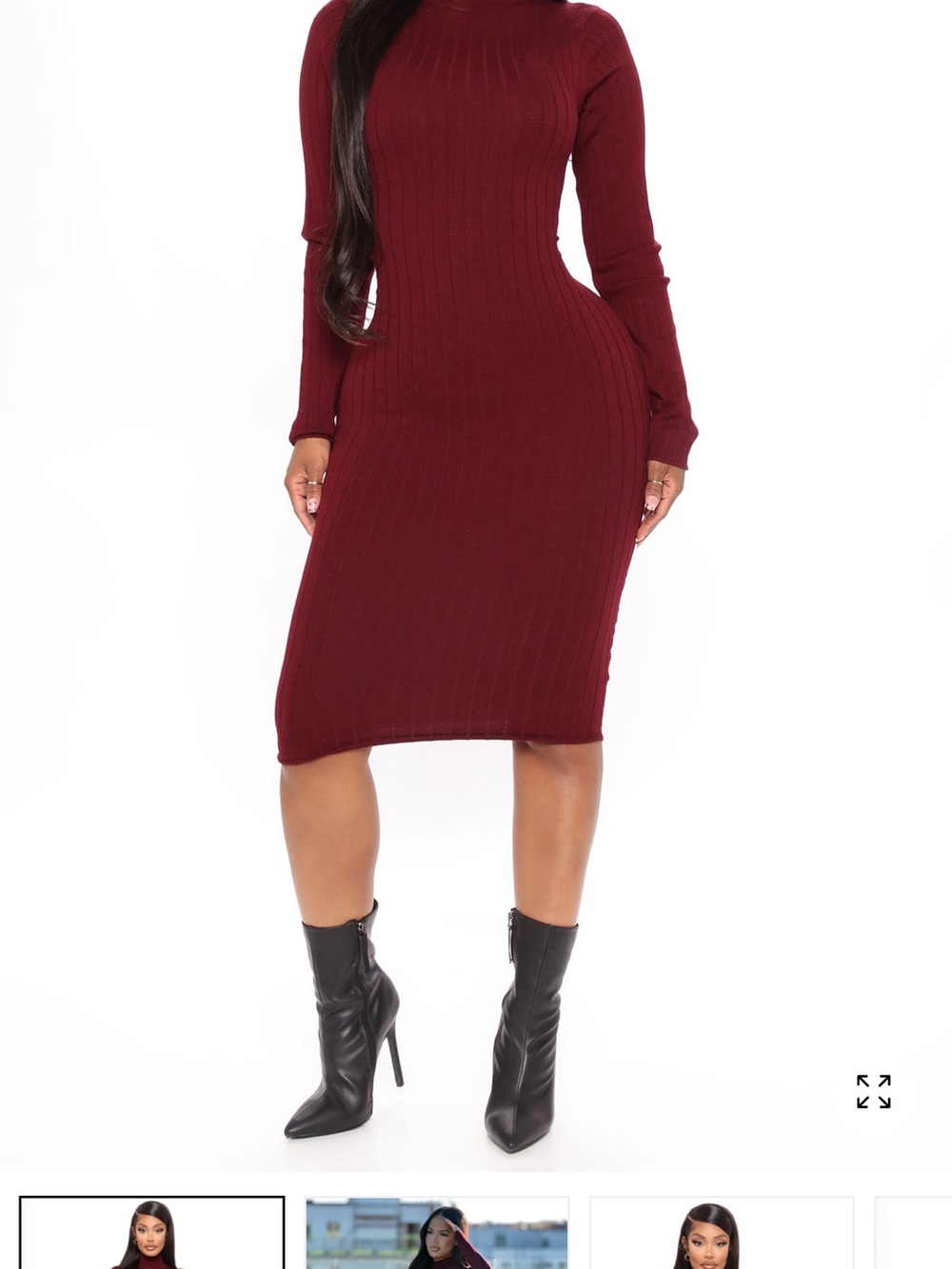 Taryn Sweater Midi Dress Long-Sleeve Ribbed Bodycon Midi Dress in Wine Burgundy